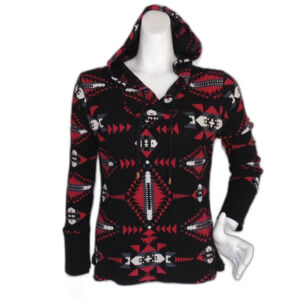 LRL Thermal Hoodie, L, Black/Red, Southwestern Tribal, Long sleeves, Pullover